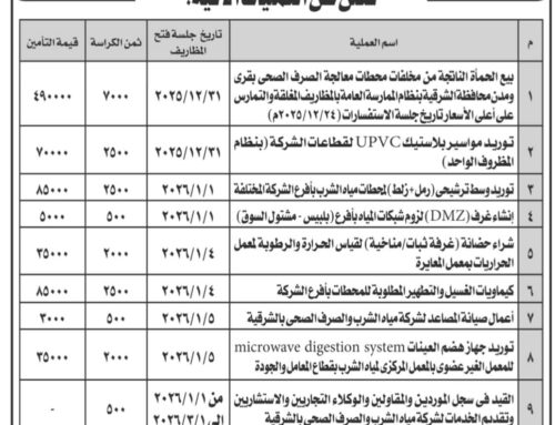 مناقصة عامة: شركة مياه الشرب والصرف الصحى بالشرقية