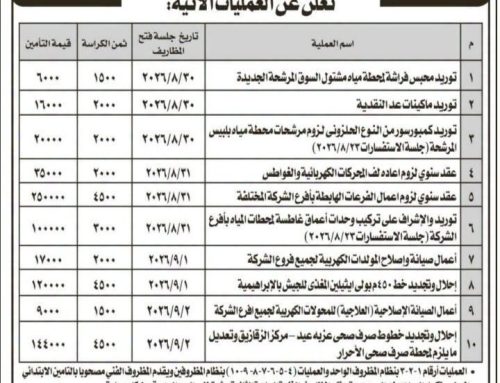 مناقصة عامة: شركة مياه الشرب والصرف الصحي بالشرقية